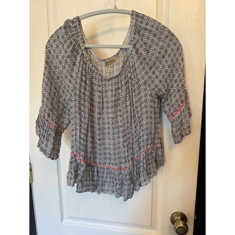 Black and white geometric-patterned peasant blouse f